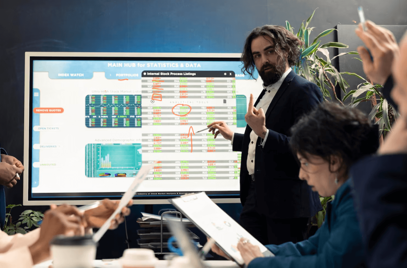Team reviewing analytics dashboard in a meeting room