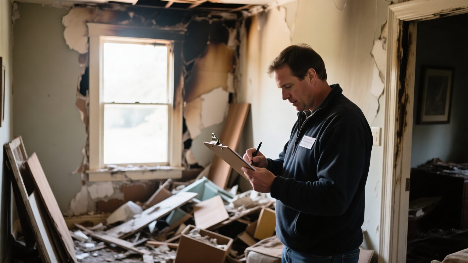 A contents estimator photographing and cataloguing salvaged household items inside a fire-damaged home