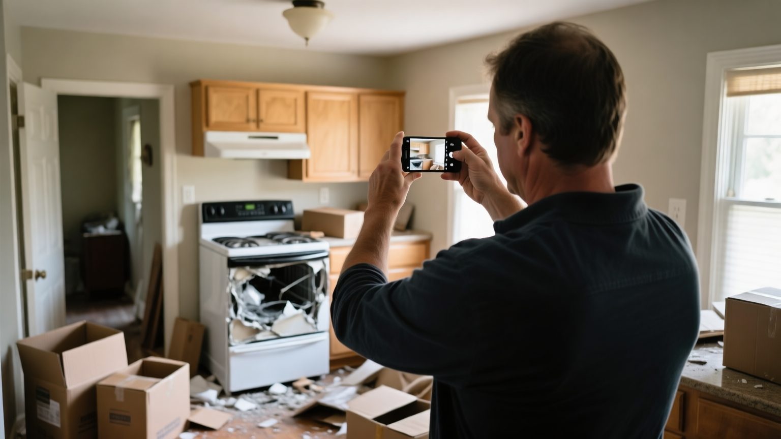 A contents estimator using a smartphone to photograph a damaged kitchen appliance among belongings in a home after a loss