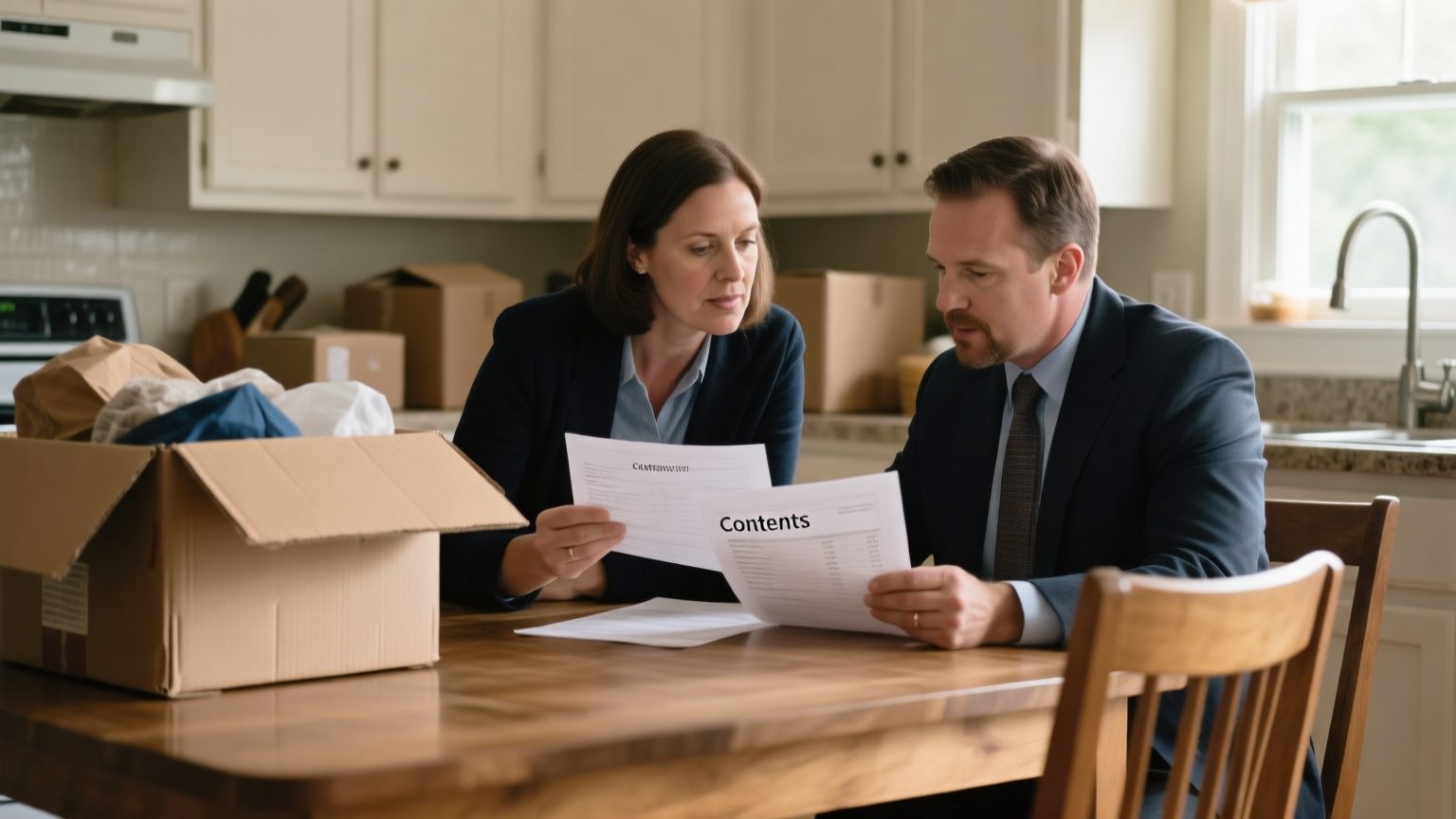 A public adjuster and a homeowner reviewing a printed contents inventory together at a kitchen table with boxes of belongings nearby