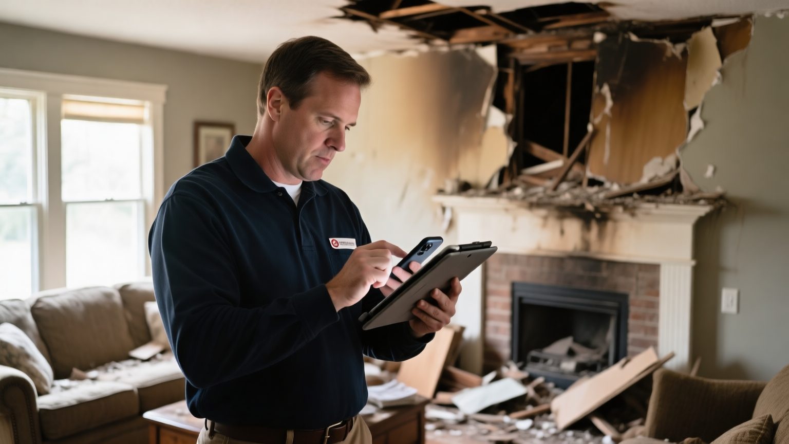 A public adjuster photographing a damaged household item with a phone while cataloguing belongings on a tablet
