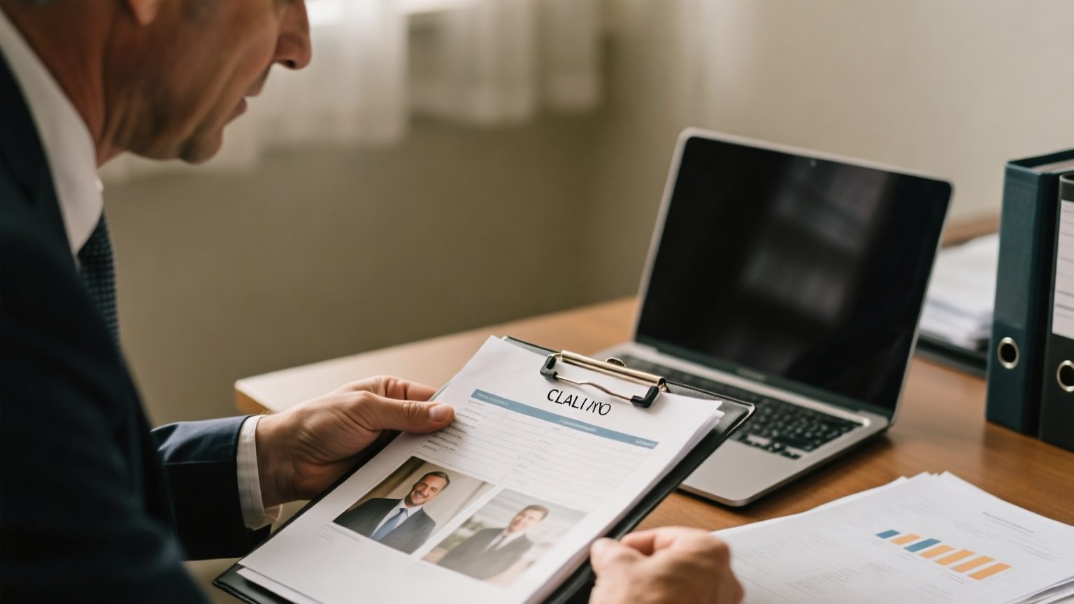A public adjuster organizing printed contents photos and a laptop item list into a claim folder at a desk