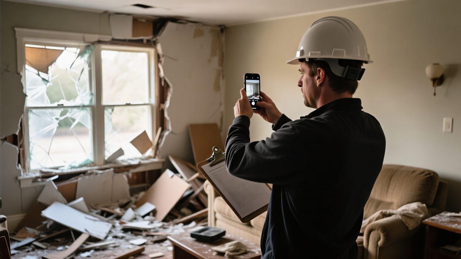 A contents specialist in a hard hat photographing damaged belongings inside a storm-damaged home