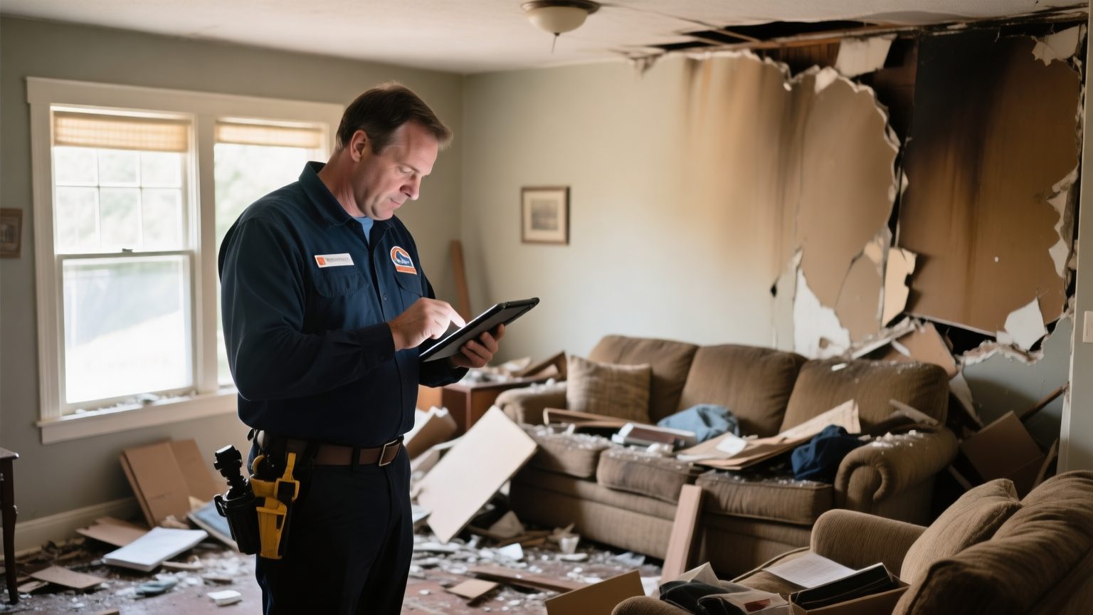 A public adjuster photographing damaged household items in a fire-damaged living room while cataloguing belongings