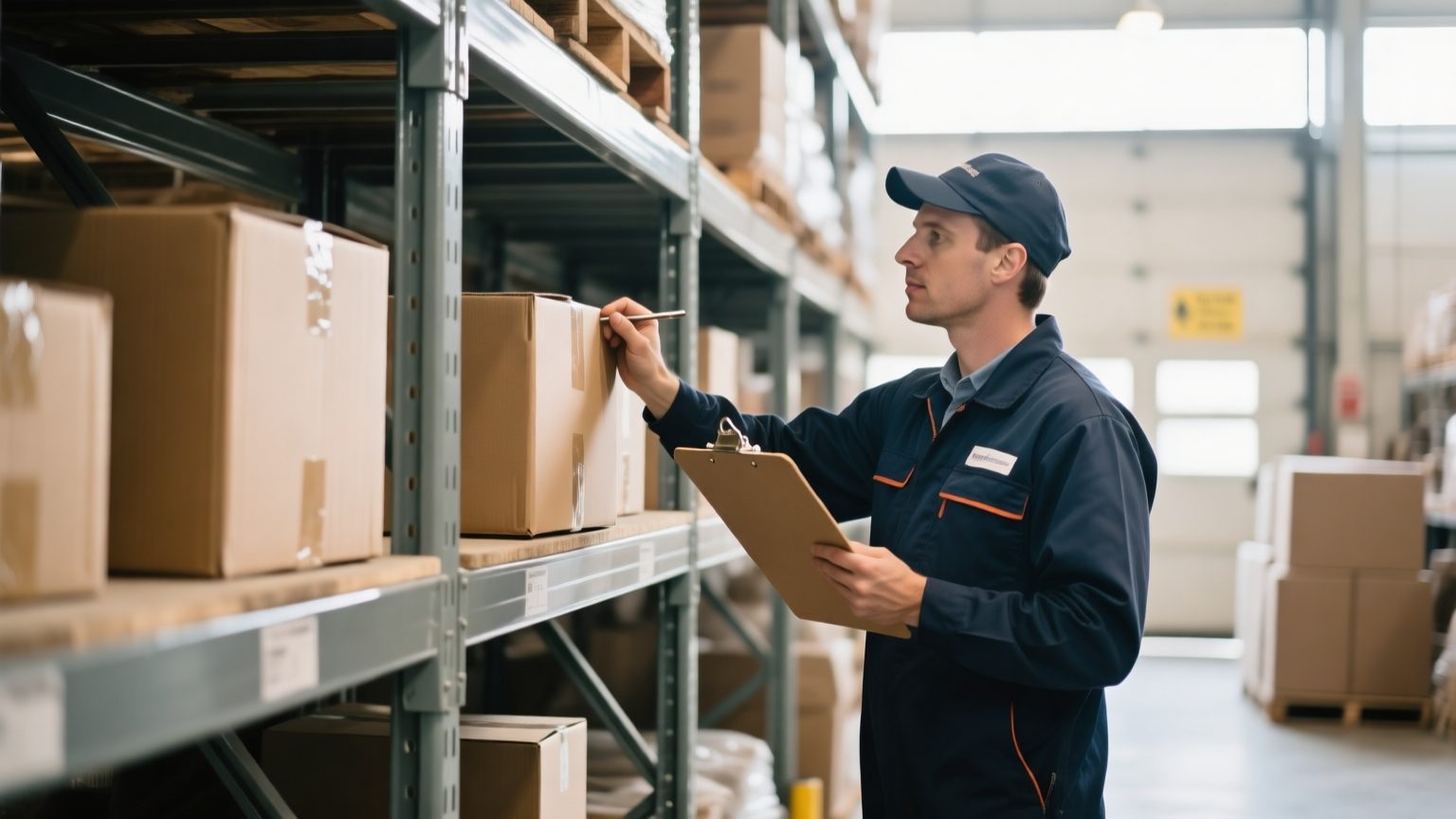 A restoration company worker cataloguing packed household boxes on warehouse shelving with a clipboard