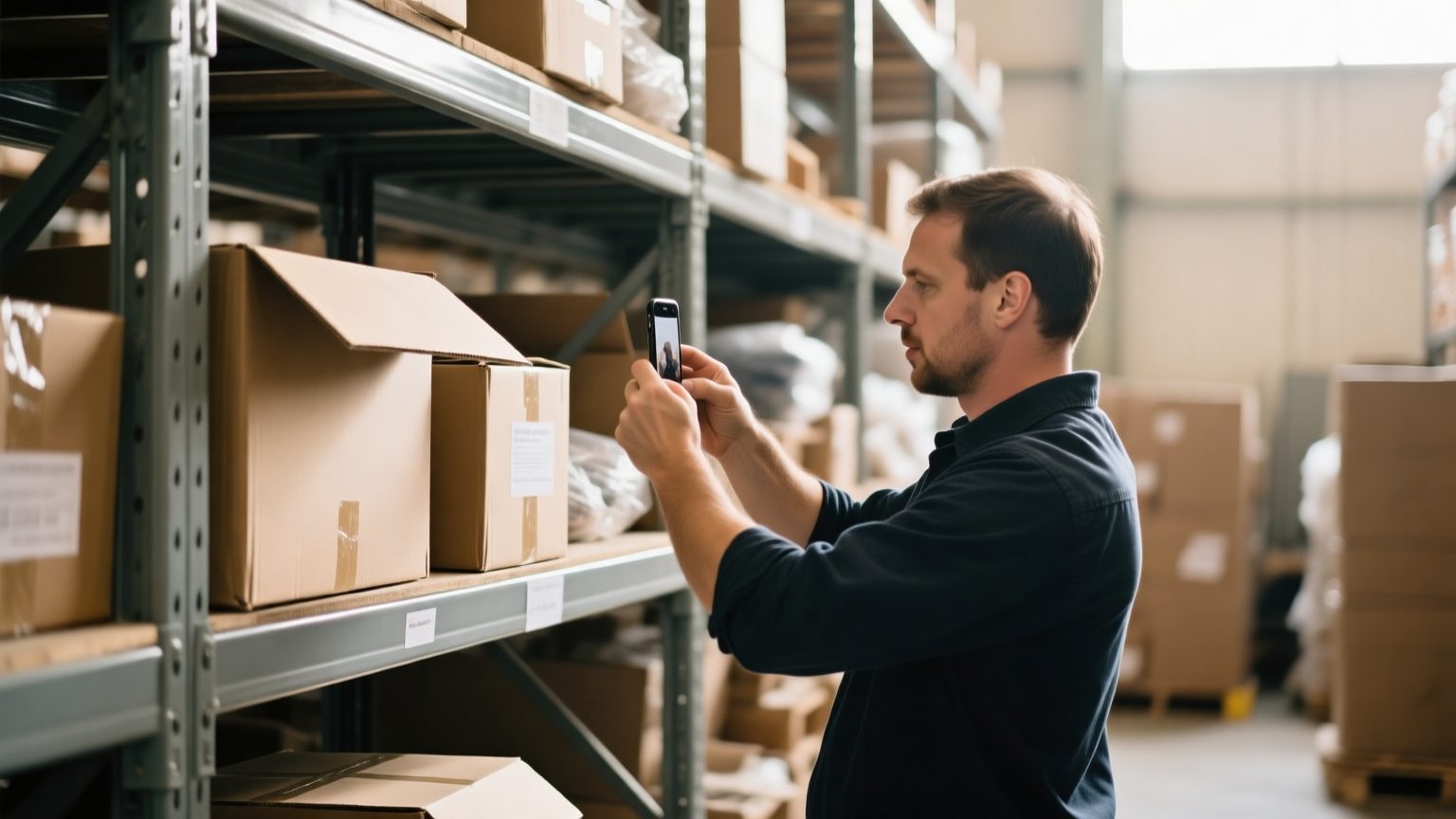 A restoration technician documenting boxed household belongings on shelving in a contents staging area