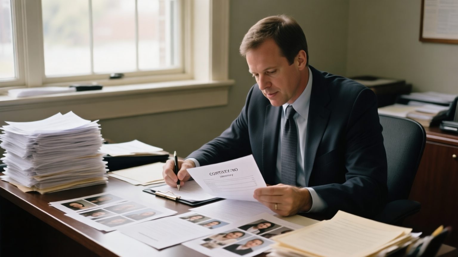 A public adjuster at a desk reviewing printed claim photos and a contents inventory, working efficiently