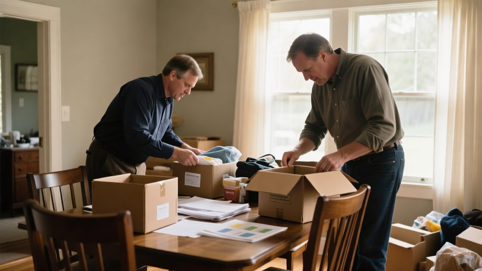A public adjuster and a homeowner cataloguing household belongings into an organized inventory at a dining table