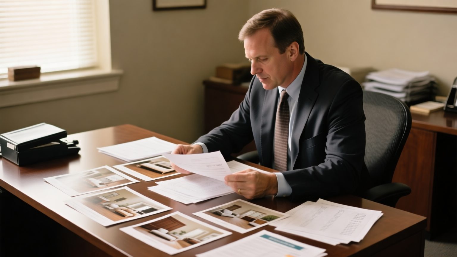 A public adjuster at a desk comparing printed item photos against pricing printouts spread across the table
