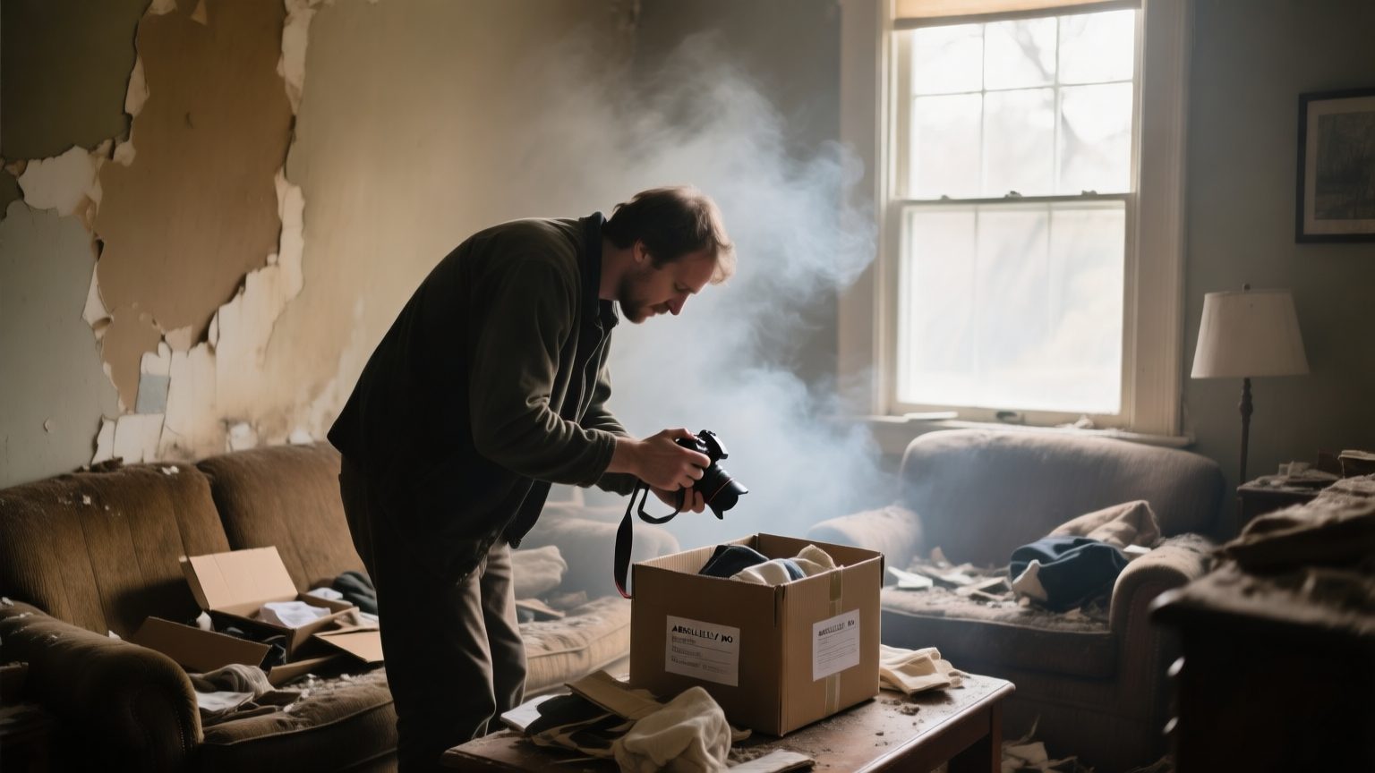 A person photographing and boxing salvaged belongings in a fire-damaged room