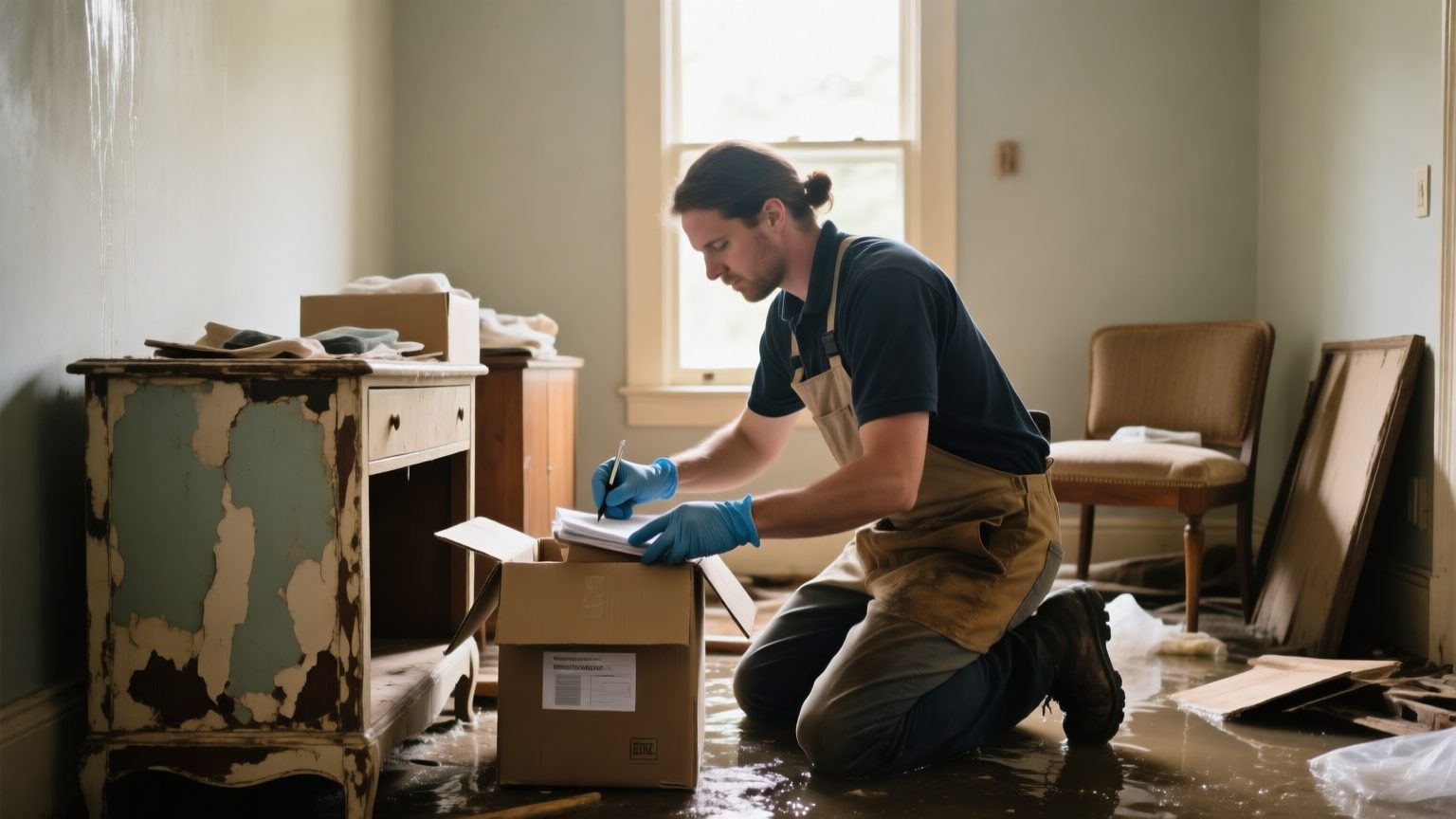 A restoration professional in protective gloves cataloguing water-damaged furniture and boxes room by room after a water loss