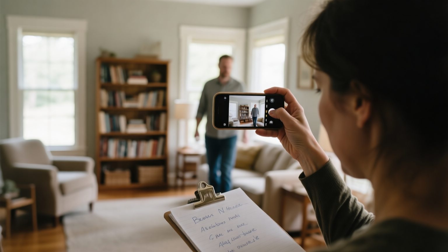 A homeowner photographing a bookshelf with a phone while making notes on a pad in a sunlit living room