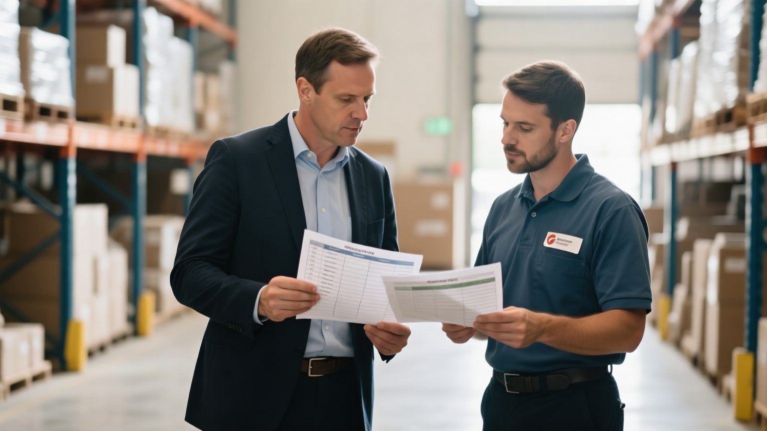 A restoration operations manager and a contents technician reviewing a printed inventory and job schedule in a warehouse