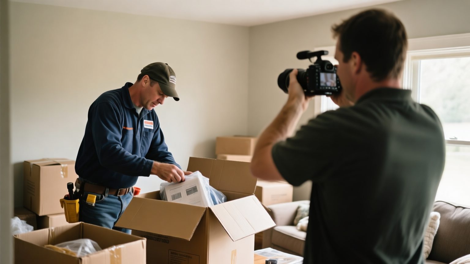 A restoration crew member labeling and boxing household contents during a packout while a colleague photographs items