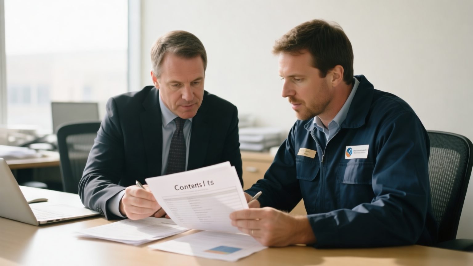 A public adjuster and a restoration technician reviewing a printed contents inventory together at a desk