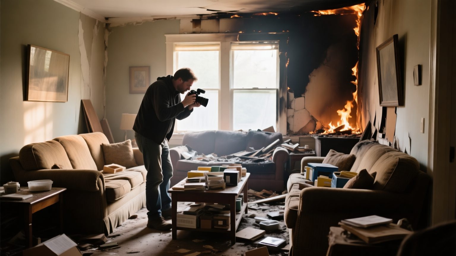 A contents specialist photographing and cataloguing household items amid a large fire-damaged living room