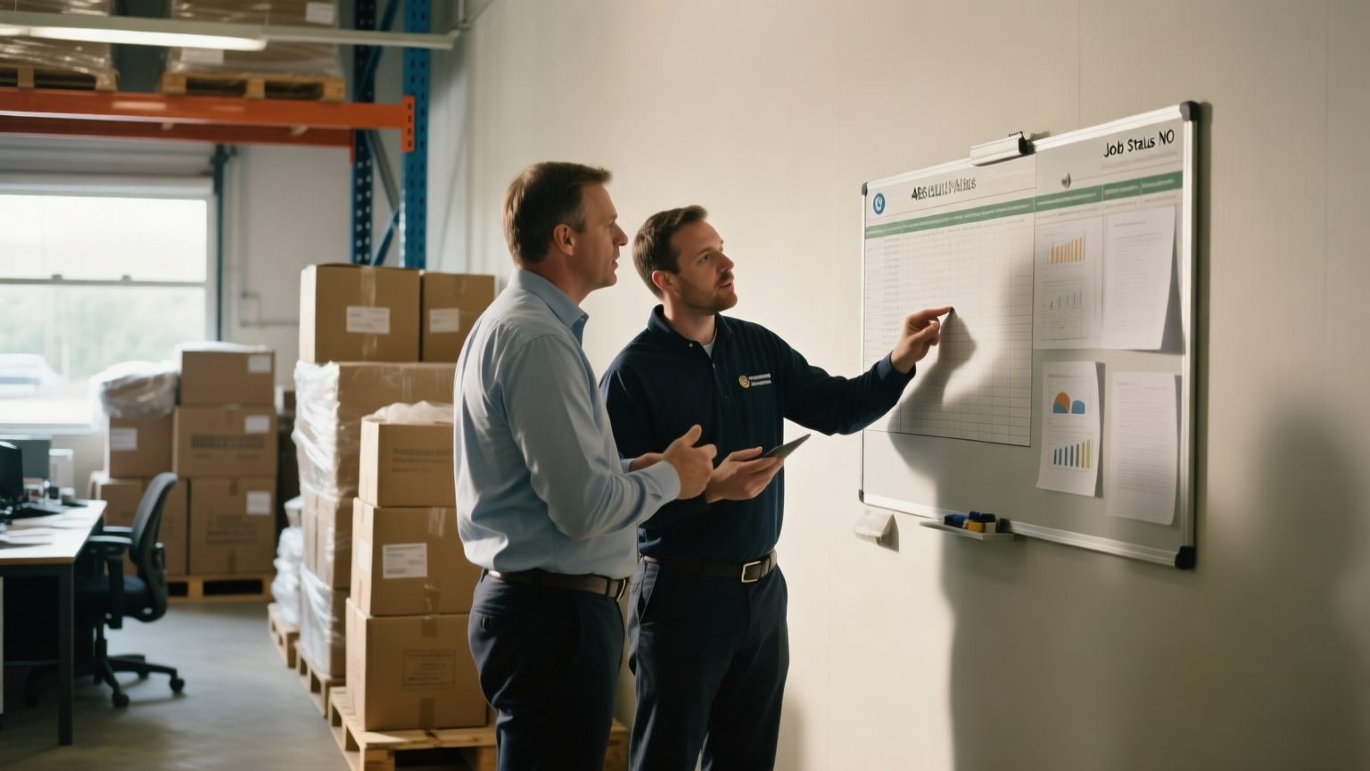 A restoration operations manager and a colleague reviewing a job-status board in a warehouse office with packed-out contents nearby