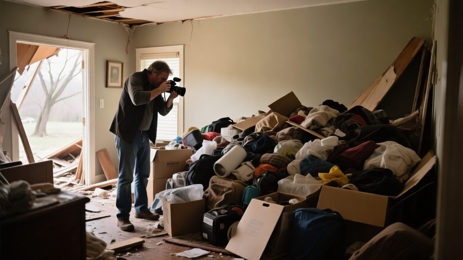 A contents specialist photographing and cataloguing a large volume of household belongings in a storm-damaged home