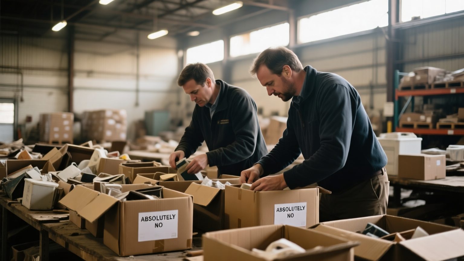 Two contents specialists sorting and cataloguing salvaged household items into labeled boxes in a warehouse after a fire loss