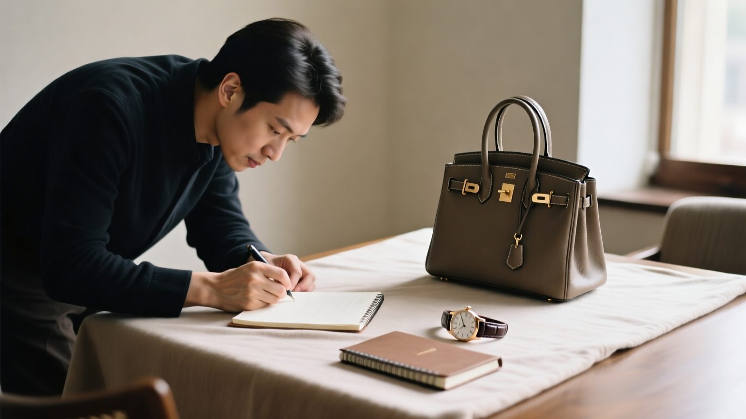 A contents claims specialist carefully photographing and documenting a designer handbag and a luxury watch on a table with a notebook