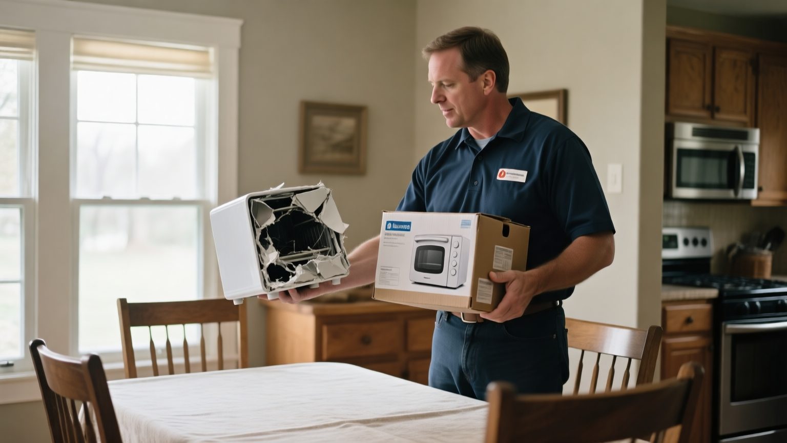 An adjuster comparing a damaged small appliance with a new replacement box on a dining table