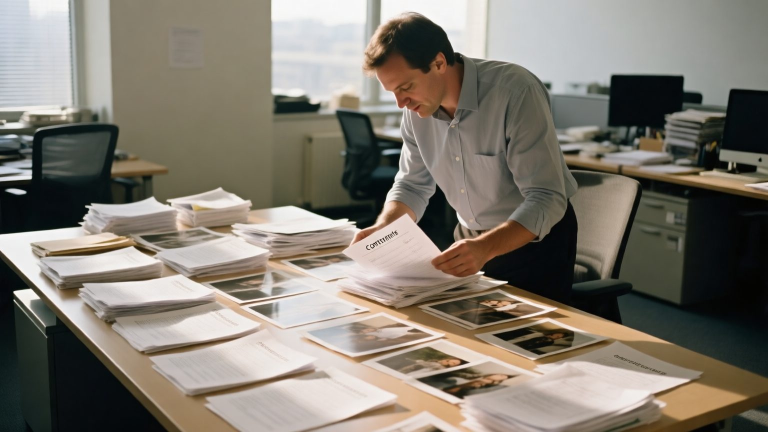 A contents estimator sorting through printed item lists and photographs spread across a large desk