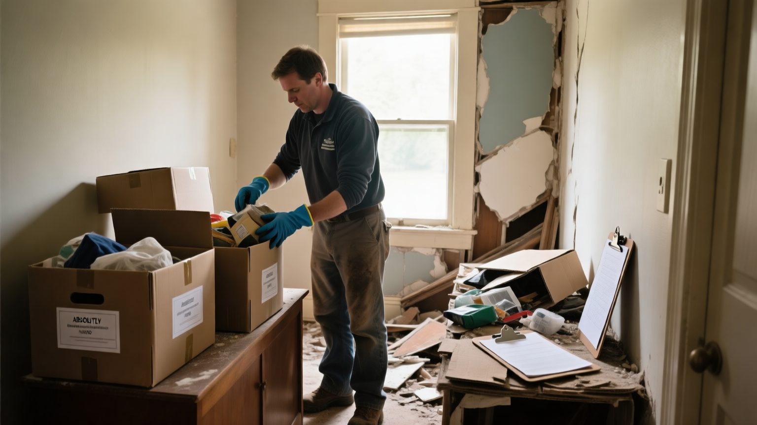 A restoration technician sorting salvageable household items into labeled boxes after a loss