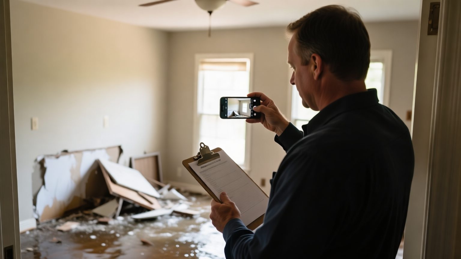 A public adjuster photographing a damaged household item with a smartphone while holding a clipboard inside a damaged home