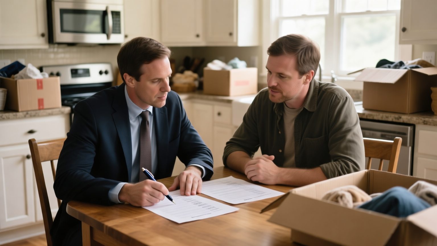 A public adjuster and a homeowner reviewing a printed itemized contents inventory at a kitchen table