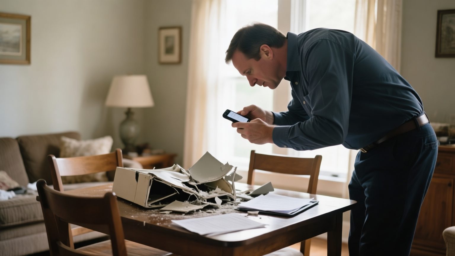 An insurance adjuster photographing a damaged household item with a phone to document it for a claim