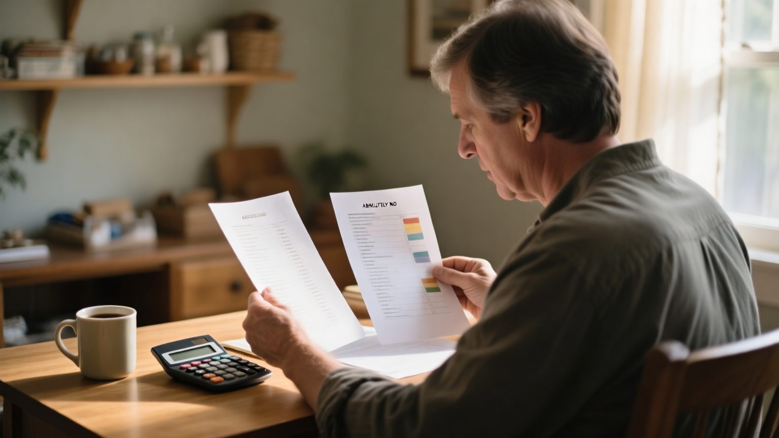 A homeowner comparing two printed household item lists at a desk with a calculator