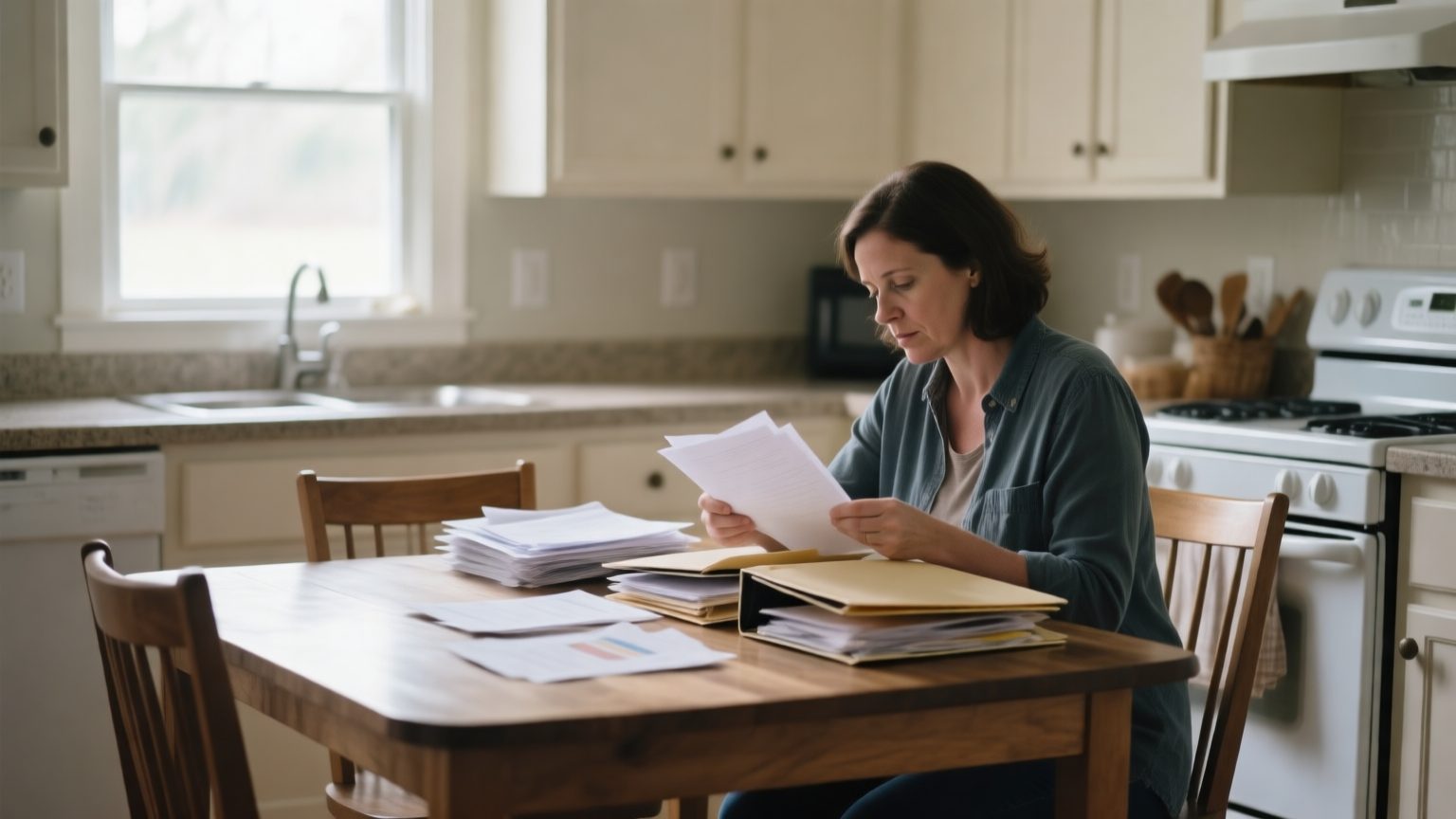 A homeowner sitting at a kitchen table organizing household paperwork into folders after a property loss