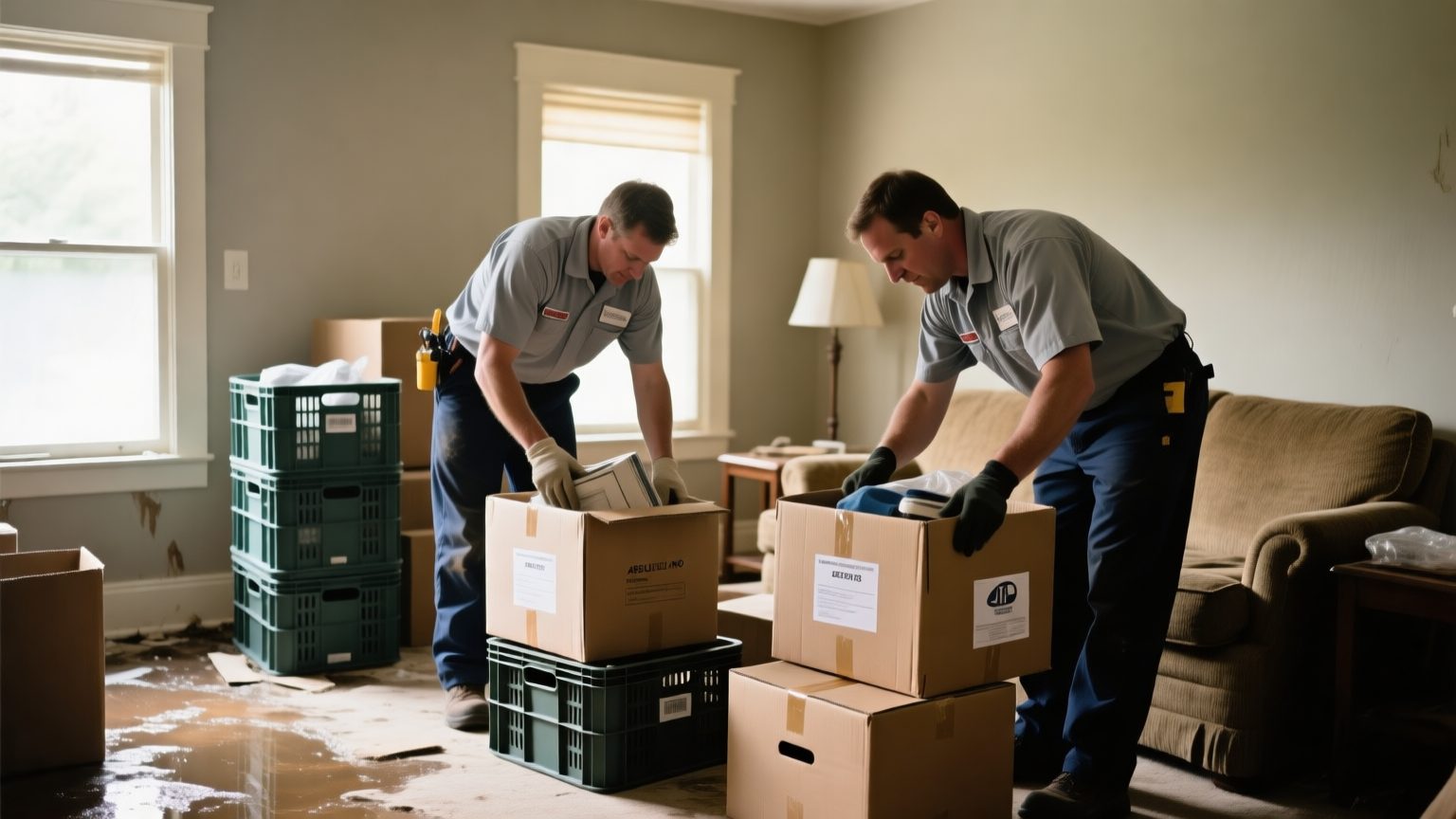 Restoration workers carefully boxing and labeling household items in a water-damaged living room