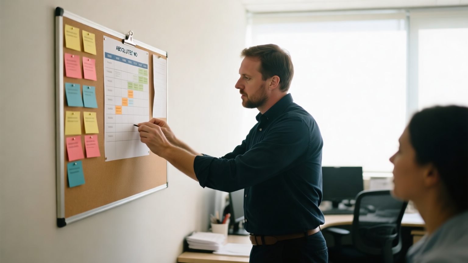 A restoration operations manager reviewing a wall job board of scheduled jobs with colored cards alongside a colleague