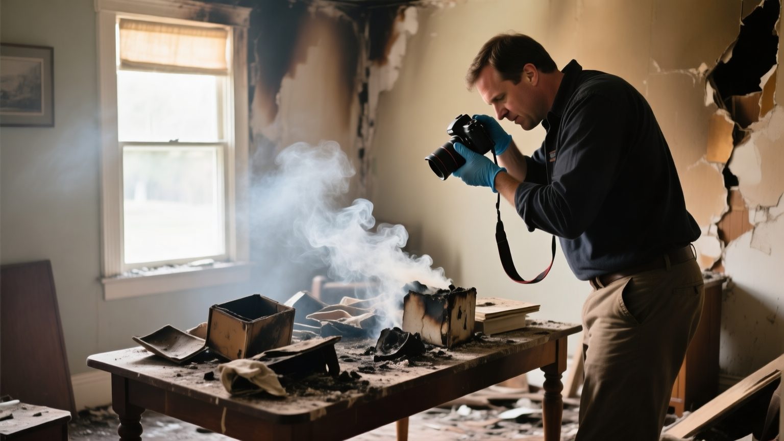 A contents professional in gloves cataloguing smoke-damaged household items on a table inside a fire-affected home