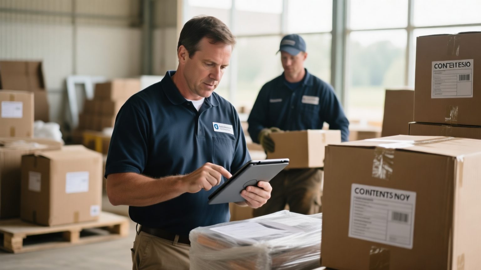 A restoration operations manager reviewing a contents inventory on a tablet with a field crew during a packout