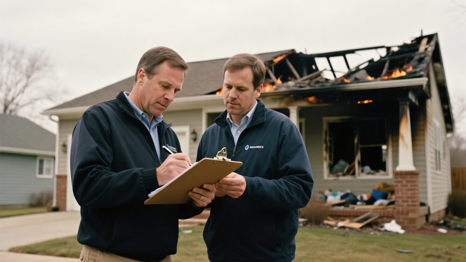 A homeowner and an adjuster standing outside a fire-damaged house documenting belongings on a clipboard