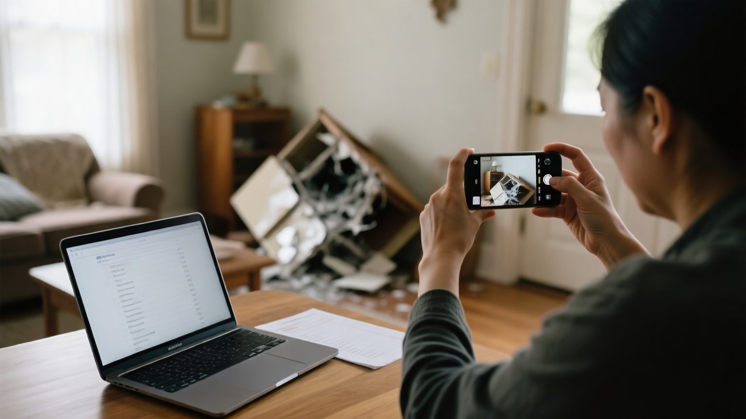 A person photographing a damaged household item with a smartphone while reviewing an item list on a laptop in a home