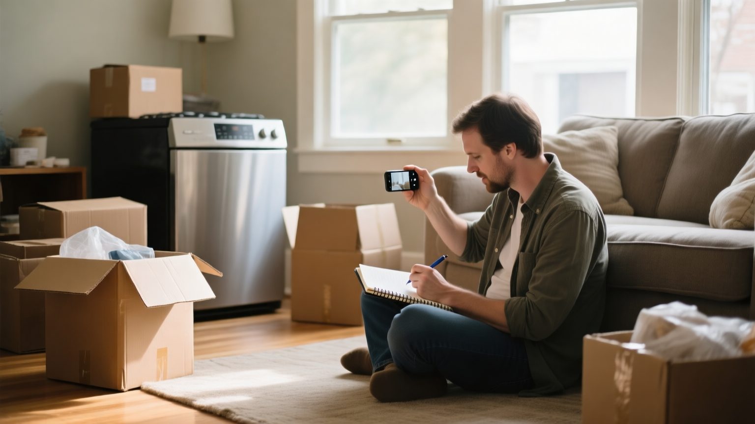 A homeowner photographing a household appliance and noting its details while cataloguing belongings after a loss
