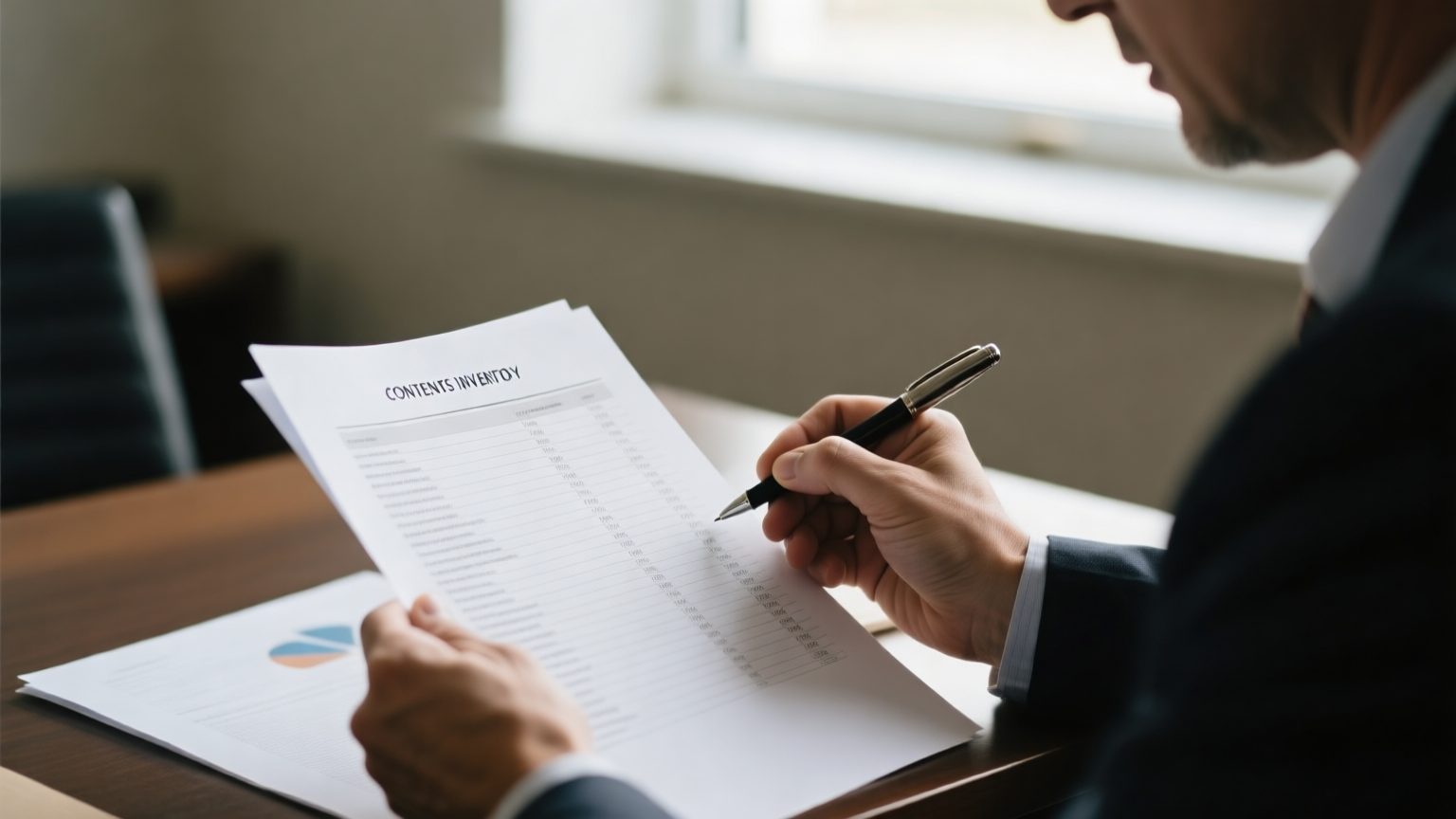 A claims professional reviewing a printed contents inventory line by line with a pen at a desk