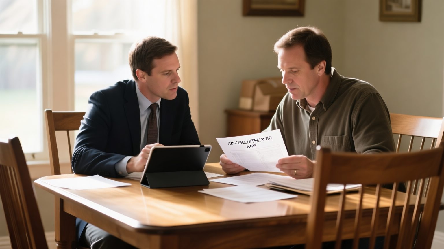 An adjuster and a homeowner reviewing a printed contents inventory at a dining table