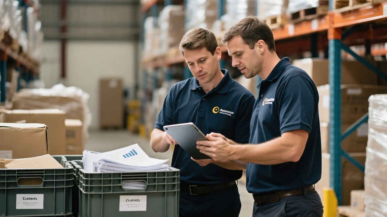 Two restoration company staff reviewing a contents inventory on a tablet beside packed storage crates in a warehouse