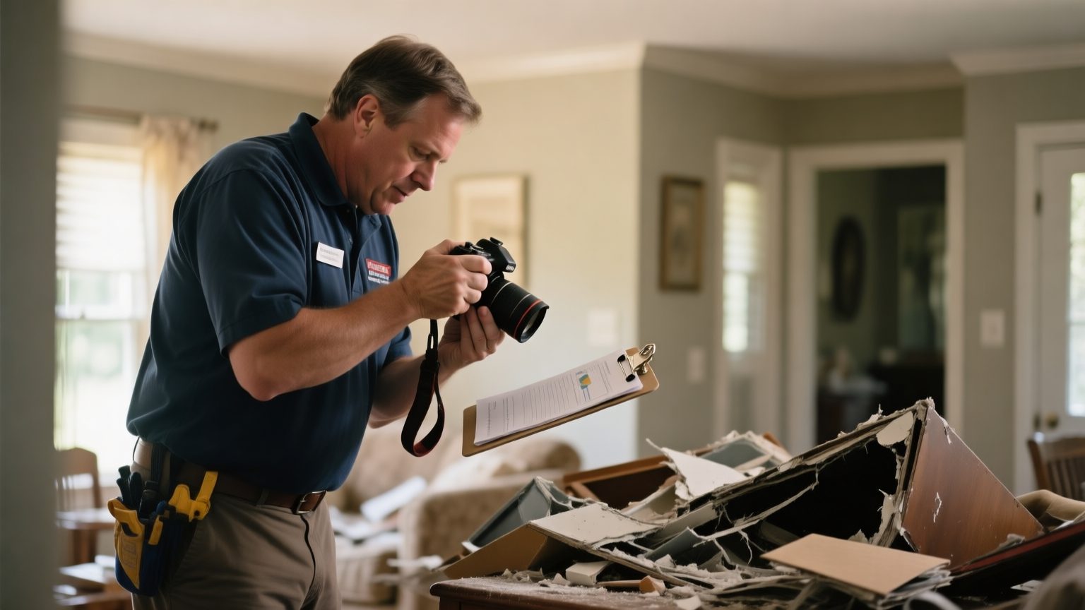 A public adjuster photographing a damaged item in a home while cataloguing contents on a clipboard